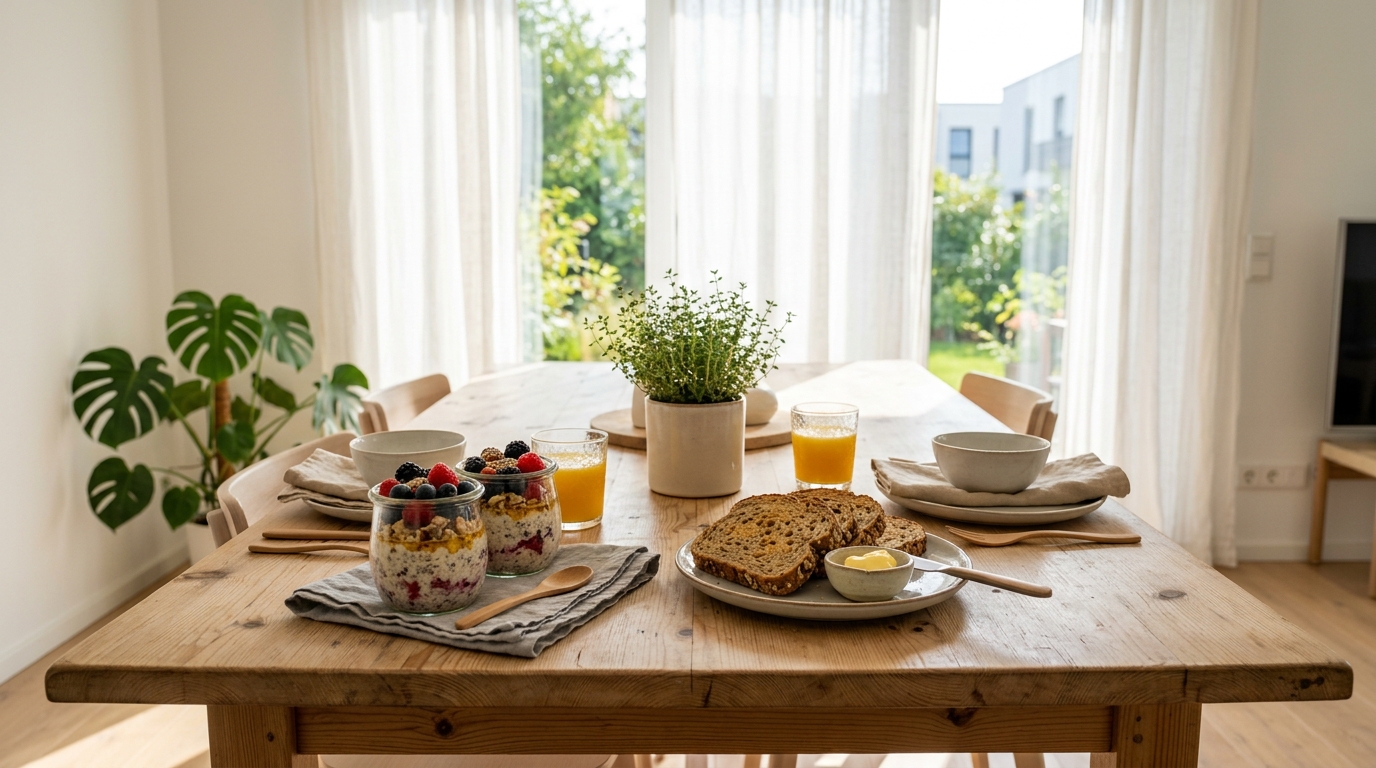 Gesundes Frühstück am Tisch